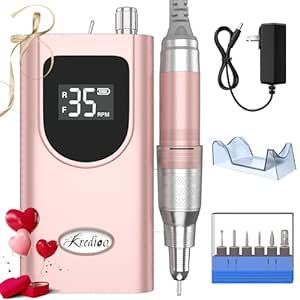 Kredioo Nail Drill, 35000RPM Nail Drills for Acrylic Nails Professional Electric File Rechargeable Portable Machine 6 Bits Kit Women Valentine's Day Gift Manicure Pedicure Remove Gel Polish