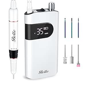Belle Electric Nail Drill, 35000RPM Coreless Professional Nail Efile with 6 Nail Drill Bits & Sanding Bands, Rechargeable Nail Drill for Acrylic Gel Nails, White
