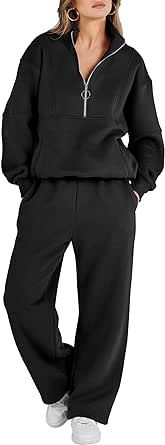 ANRABESS Women 2 Piece Outfits Sweatsuit Set 2023 Fall Oversized Half Zip Sweatshirt Wide Leg Sweatpant Lounge Set Tracksuit