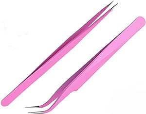 Aoshang 2PCS Stainless Steel Straight and Curved Tip Tweezers Nippers for Eyelash Extensions and Nail Art Sticker Rhinestone Eyelash Picker Acrylic Gel Nail DIY Art