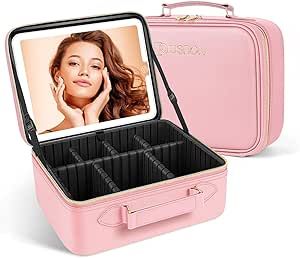 JUSRON Travel Makeup Bag Cosmetic Bag Makeup Organizer Bag with Lighted Mirror 3 Color Scenarios Adjustable Brightness, Detachable Waterproof Makeup Train Case,Gift for Women (Pink)