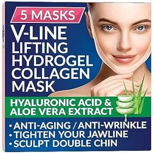 Stylia Double Chin Sculptor - V Line Chin Strap - Toning Hydrogel Collagen Mask with Hyaluronic Acid & Aloe Vera - Anti-Aging and Anti-Wrinkle Band 5PCs