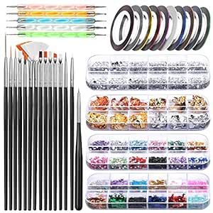 Teenitor Nail Art Brush,Nail Art Decorations Kit with Nail Pen Designer Dotting Tools Colors Holographic Butterfly Nail Glitter Foil Flakes Nail Tape Strips and Multi-Color Nails Rhinestones